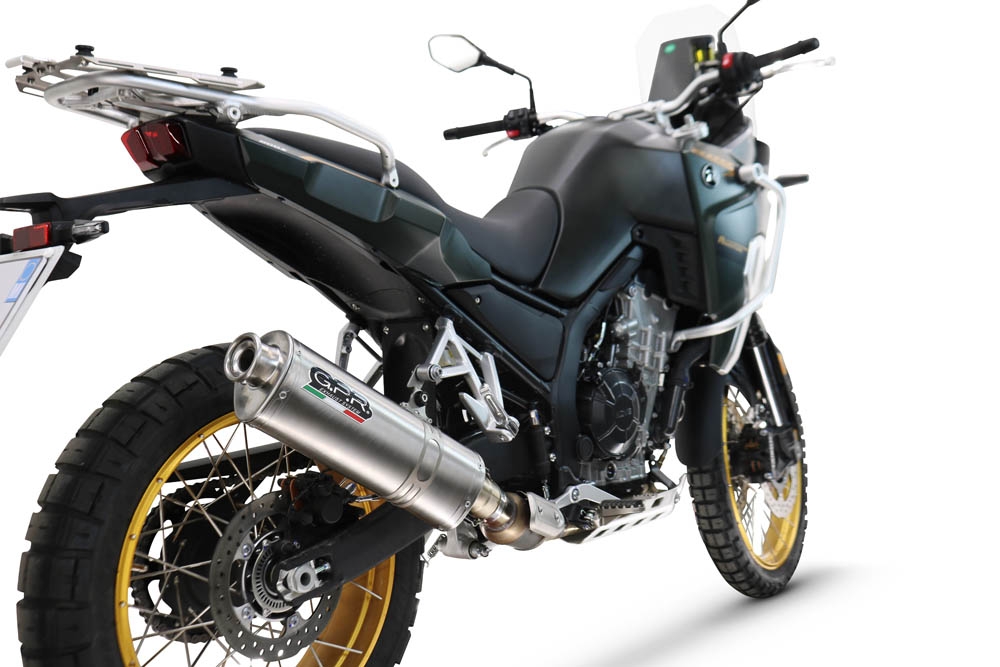 Exhaust compatible with Kove 800X 2024-2026, Dune Triovale Titanio, Homologated legal slip-on exhaust including removable db killer and link pipe 