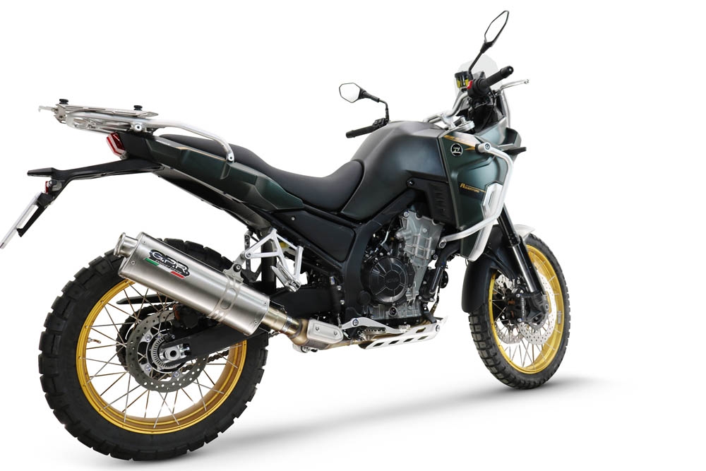 Exhaust compatible with Kove 800X 2024-2026, Dune Triovale Titanio, Homologated legal slip-on exhaust including removable db killer and link pipe 