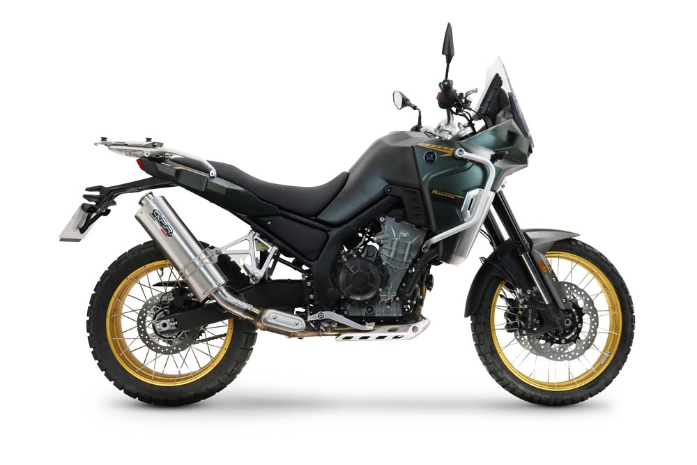 Exhaust compatible with Kove 800X 2024-2026, Dune Triovale Titanio, Homologated legal slip-on exhaust including removable db killer and link pipe 