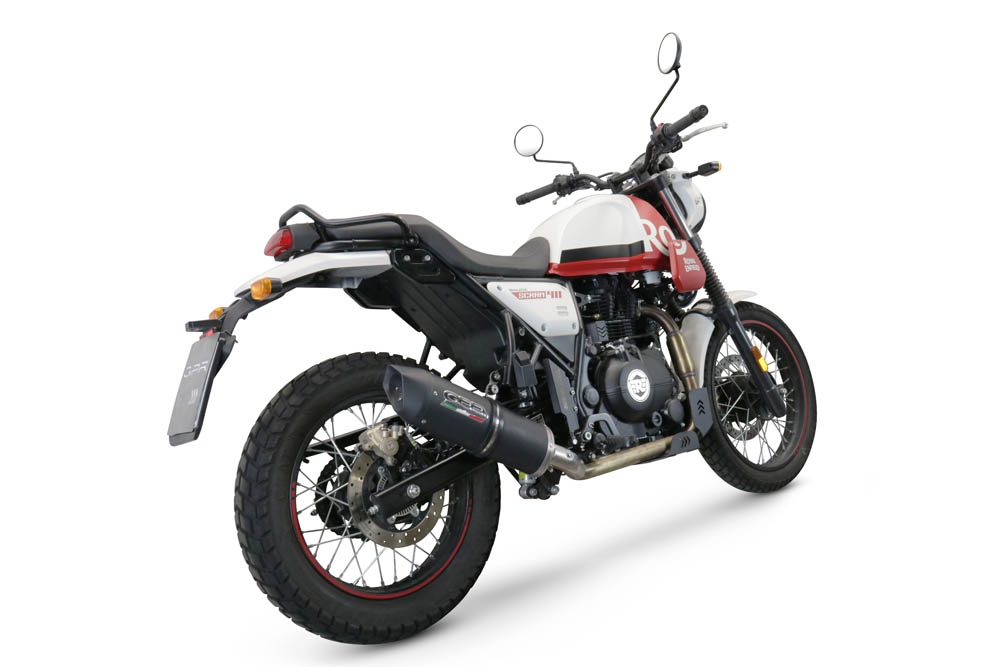 Exhaust compatible with Royal Enfield Scram 411 2022-2024, Furore Nero, Slip-on exhaust legal for UK and non-EU markets including link pipe and removable db killer 