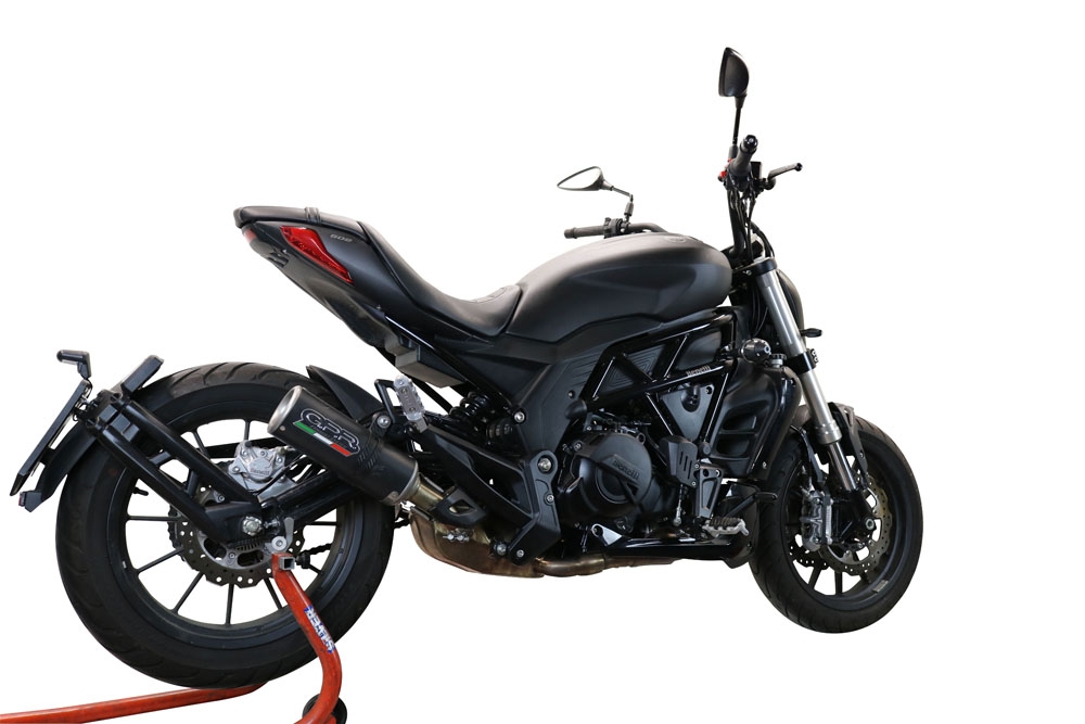 Exhaust compatible with Benelli 502 C 2021-2024, M3 Black Titanium, Homologated legal slip-on exhaust including removable db killer and link pipe 