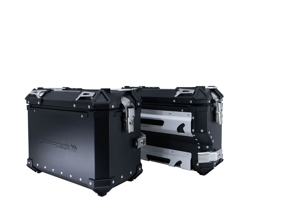 GPR TECH Pair of side cases aluminum made with contoured right side,no rack included, black color Capacity 38 LT. + 32 LT.