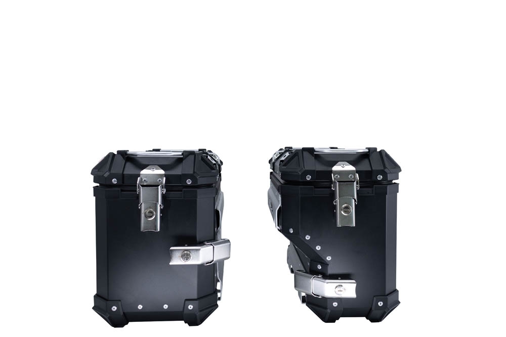 GPR TECH Pair of side cases aluminum made with contoured right side,no rack included, black color Capacity 38 LT. + 32 LT.