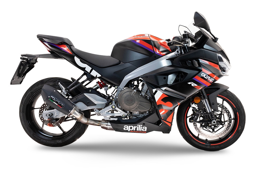 Exhaust compatible with Aprilia RS 457 2024-2025, GP Evo4 Black Titanium, Homologated legal full system exhaust, including removable db killer and catalyst 