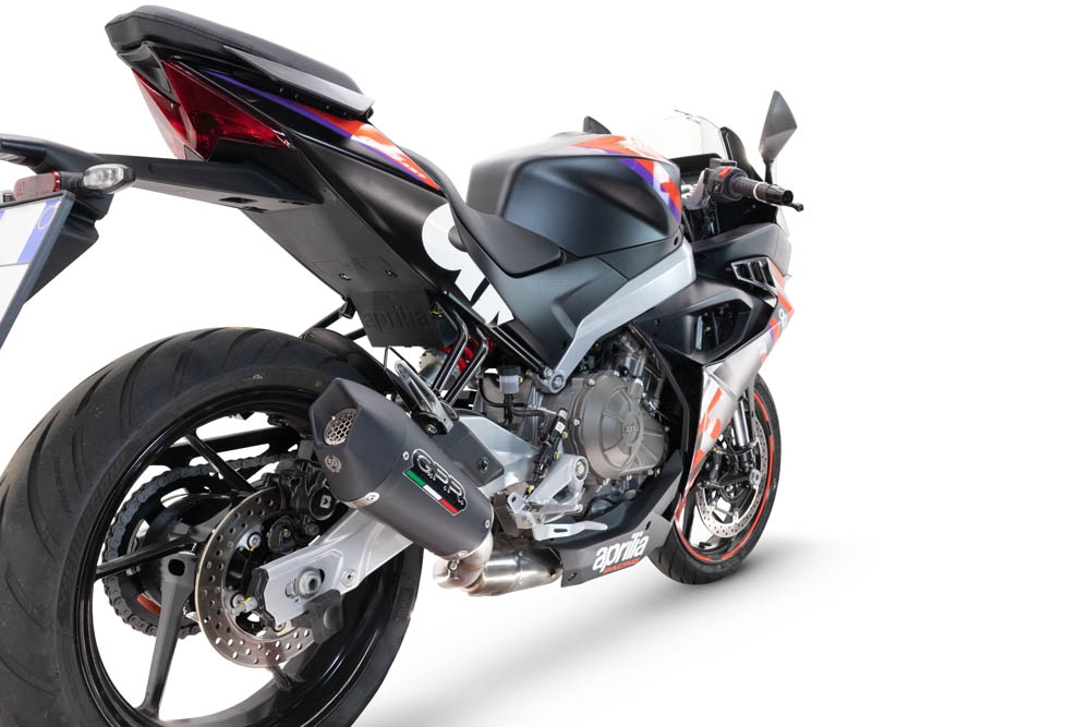 Exhaust compatible with Aprilia RS 457 2024-2025, GP Evo4 Black Titanium, Homologated legal full system exhaust, including removable db killer and catalyst 