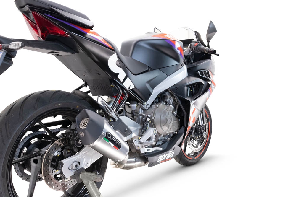 Exhaust compatible with Aprilia RS 457 2024-2025, GP Evo4 Titanium, Homologated legal full system exhaust, including removable db killer and catalyst 