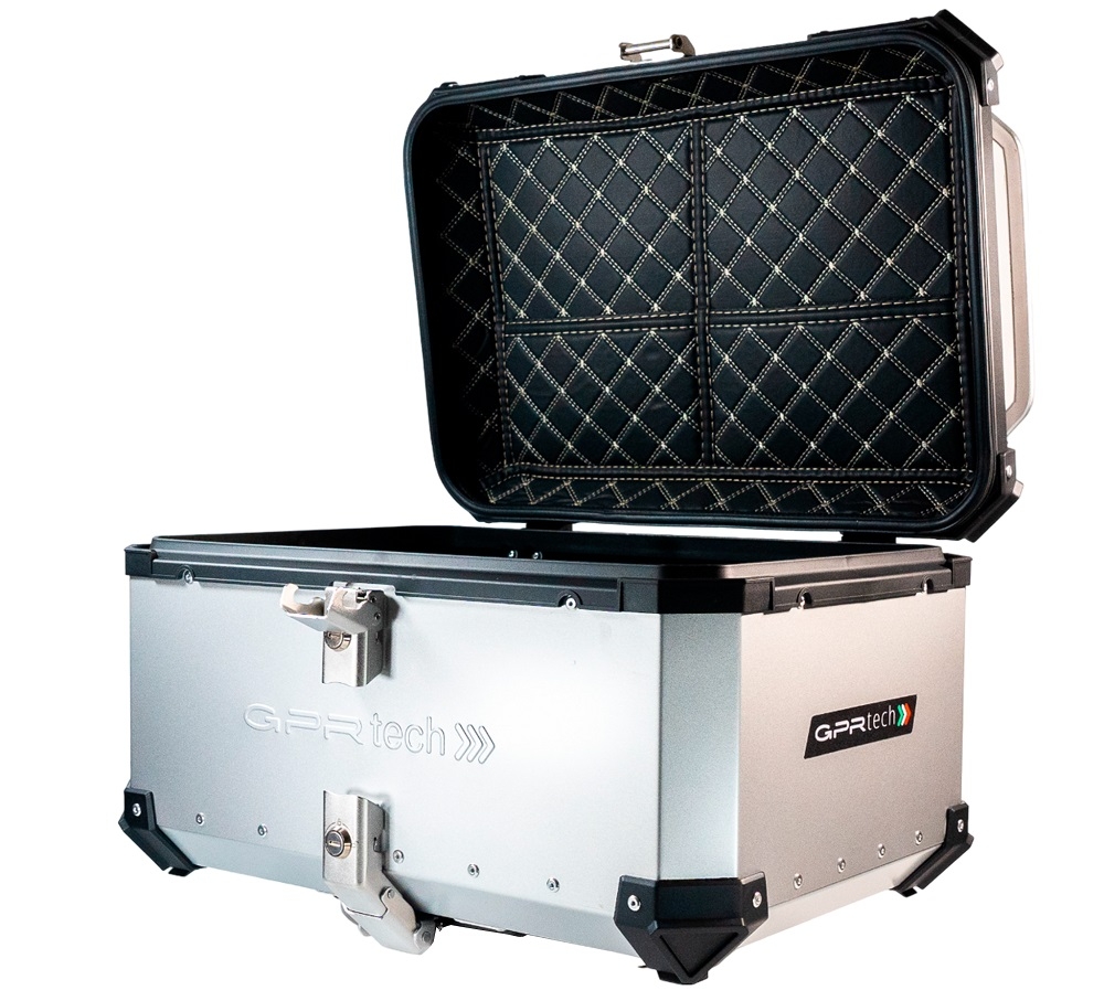 GPR TECH TOP CASE ALPI-TECH 55 LT SILVER Top case in aluminum,including soft backrest, silver color with universal plate  Capacity 55 LT.