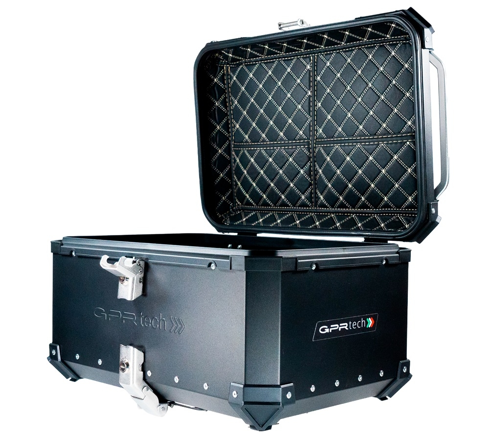 GPR TECH TOP CASE ALPI-TECH 55 LT BLACK Top case in aluminum,including soft backrest, black color with universal plate  Capacity 55 LT.