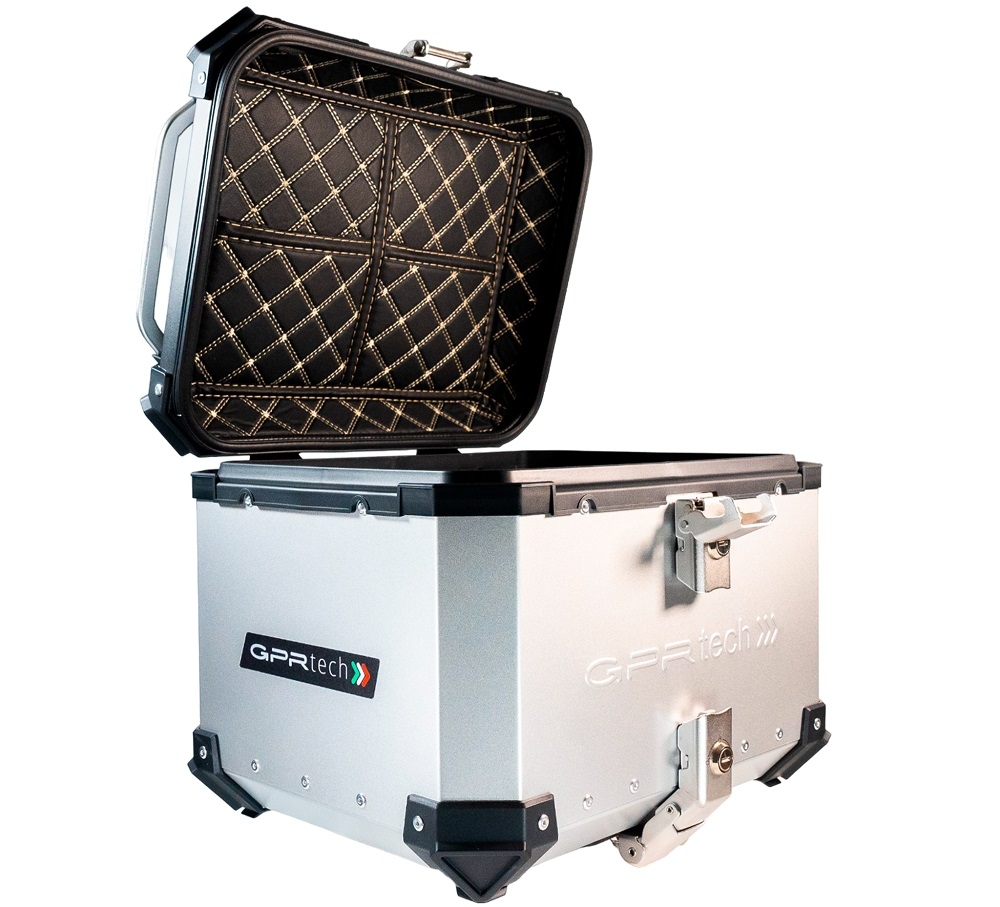 GPR TECH TOP CASE ALPI-TECH 45 LT. SILVER Top case in aluminum,including soft backrest, silver color with universal plate  Capacity 45 LT.