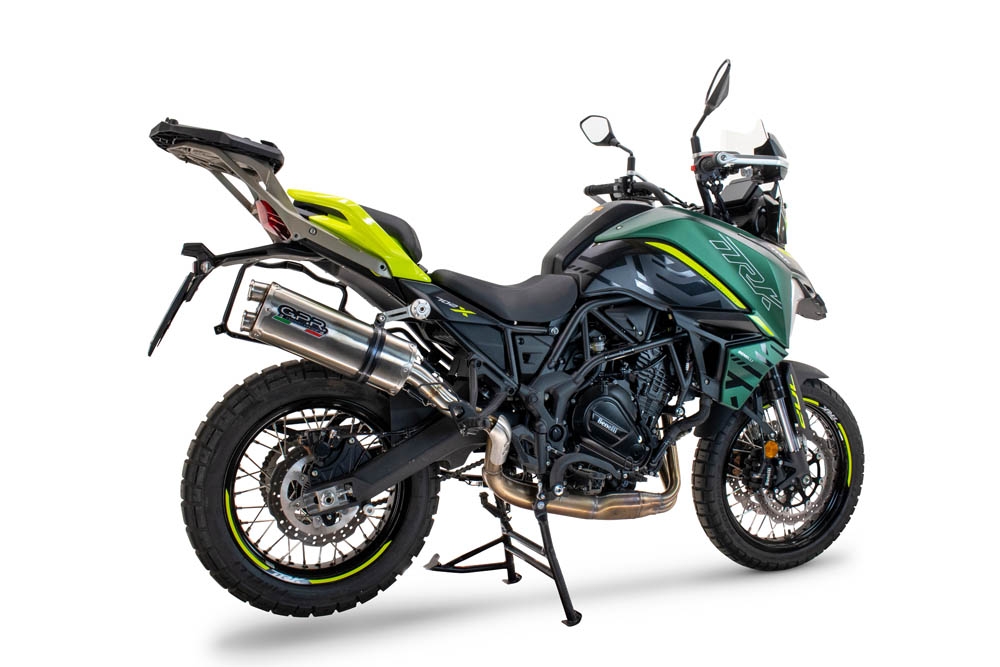 Exhaust compatible with Benelli Trk 702 X 2023-2024, Dual Inox, Homologated legal slip-on exhaust including removable db killer and link pipe 