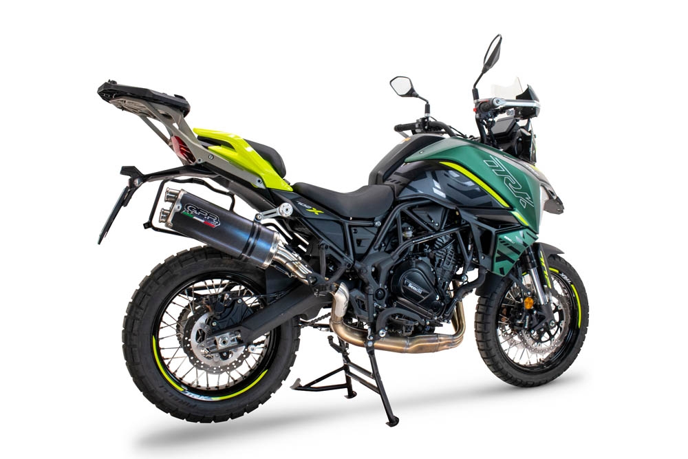 Exhaust compatible with Benelli Trk 702 X 2023-2024, Dual Poppy, Homologated legal slip-on exhaust including removable db killer and link pipe 