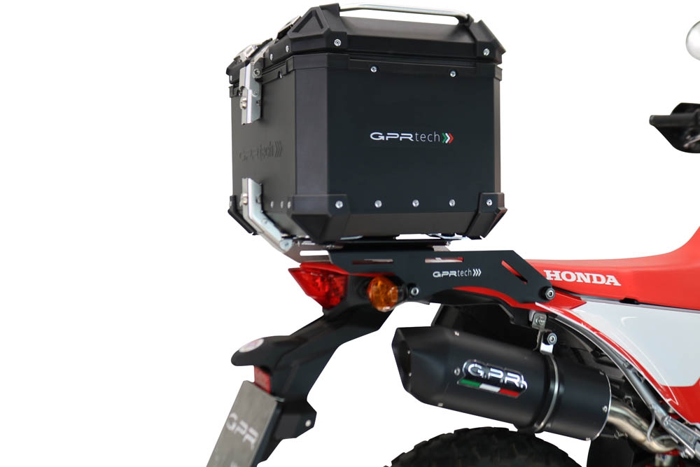 Top case GPR TECH compatible with  Honda Crf 300 L / Rally 2021/2024 e5 GPR TECH Top case in aluminum, black color including, roof rack and specific plate Capacity 45 LT.