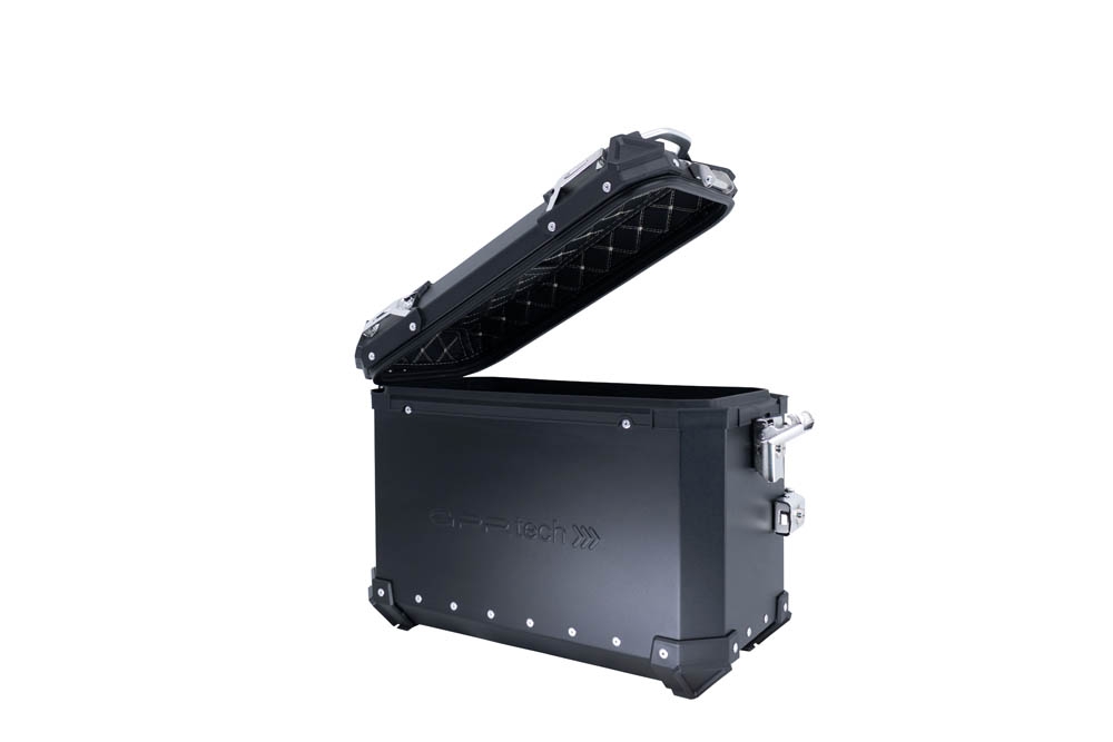 GPR TECH Pair of side cases aluminum made with contoured right side,no rack included, black color Capacity 38 LT. + 32 LT.