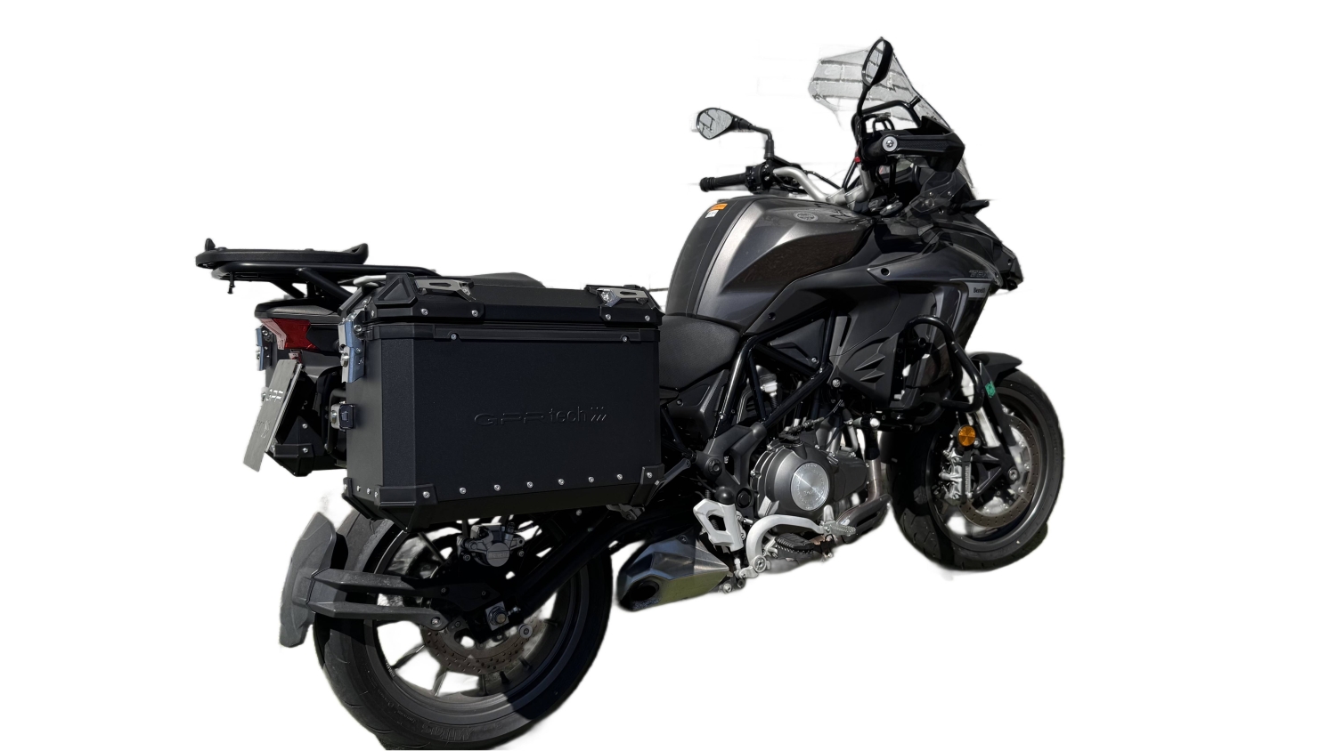 GPR TECH compatible with  Benelli Trk 502 2021/2024 e5 GPR TECH Pair of side cases aluminum made, black color with specific pannier holder Capacity 38 LT. + 38 LT.
