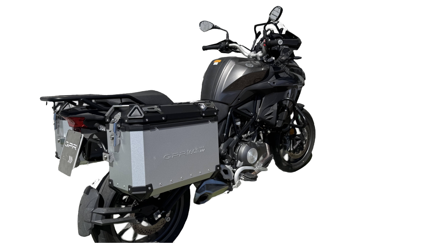 GPR TECH compatible with  Benelli Trk 502 2021/2024 e5 GPR TECH Pair of side cases aluminum made, silver color with specific pannier holder Capacity 38 LT. + 38 LT.