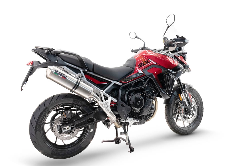 Exhaust compatible with Triumph Tiger 900 GT / Pro / Rally Pro 2024-2025, Satinox , Homologated legal slip-on exhaust including removable db killer and link pipe 