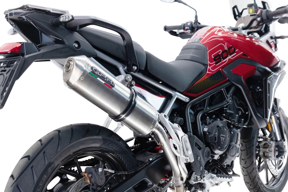 Exhaust compatible with Triumph Tiger 900 GT / Pro / Rally Pro 2024-2025, Satinox , Homologated legal slip-on exhaust including removable db killer and link pipe 