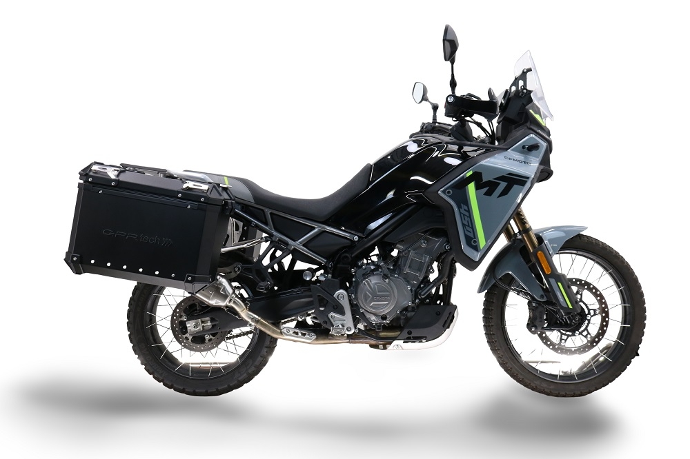 GPR TECH compatible with  Cf Moto 650 Mt 2021/2024 e5 GPR TECH Pair of side cases aluminum made, black color with specific pannier holder Capacity 38 LT. + 38 LT.