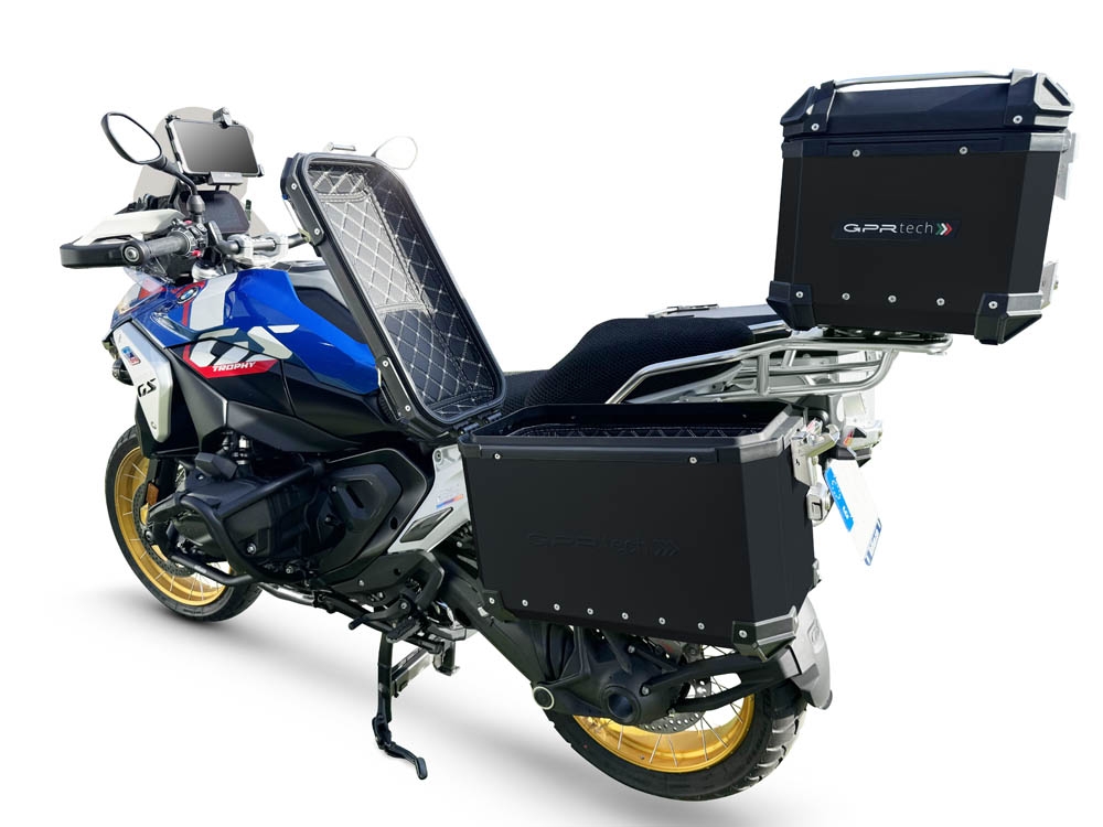 GPR TECH compatible with  BMW R 1300 GS 2023/2025 GPR TECH Triptych kit made in black color, with Top case 35 Lt + Side Cases 38 Lt + 38 Lt + general rack holder Top case capacity 35 Lt + side cases capacity 38 LT. + 38 LT.