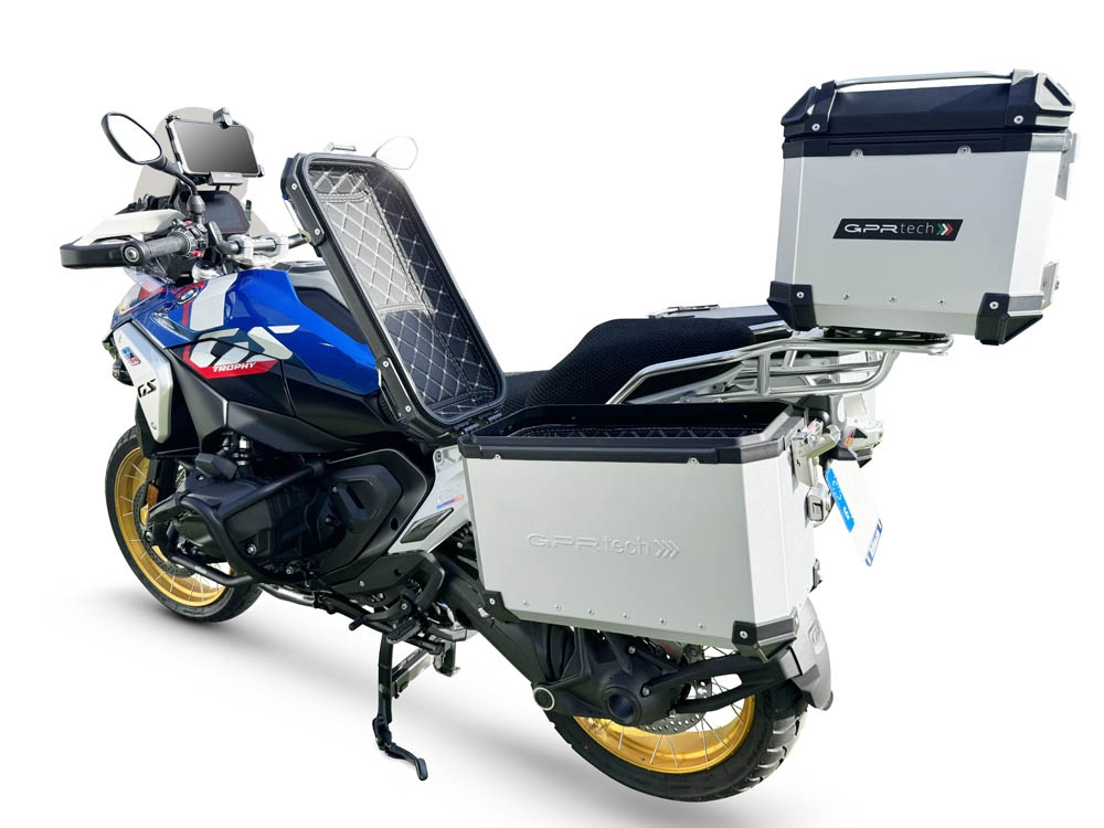 GPR TECH compatible with  BMW R 1300 GS Adventure 2023/2025 GPR TECH Triptych kit made in silver color, with Top case 45 Lt + Side Cases 38 Lt + 38 Lt + general black rack holder Top case capacity 45 Lt + side cases capacity 38 LT. + 38 LT.
