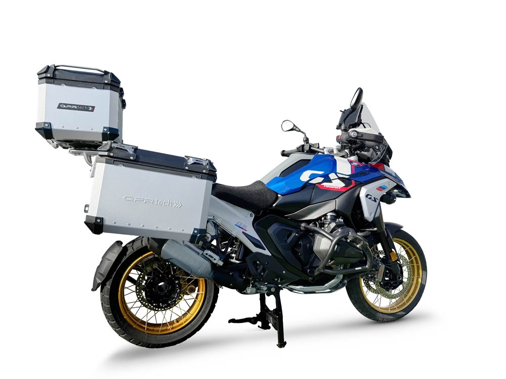 GPR TECH compatible with  BMW R 1300 GS Adventure 2023/2025 GPR TECH Triptych kit made in silver color, with Top case 35 Lt + Side Cases 38 Lt + 38 Lt + general black rack holder Top case capacity 35 Lt + side cases capacity 38 LT. + 38 LT.