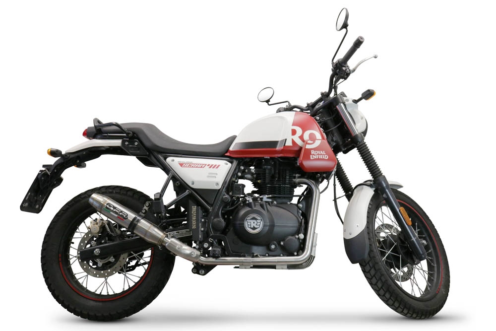 Exhaust compatible with Royal Enfield Scram 411 2022-2024, Deeptone Inox, Slip-on exhaust legal for UK and non-EU markets including link pipe and removable db killer 