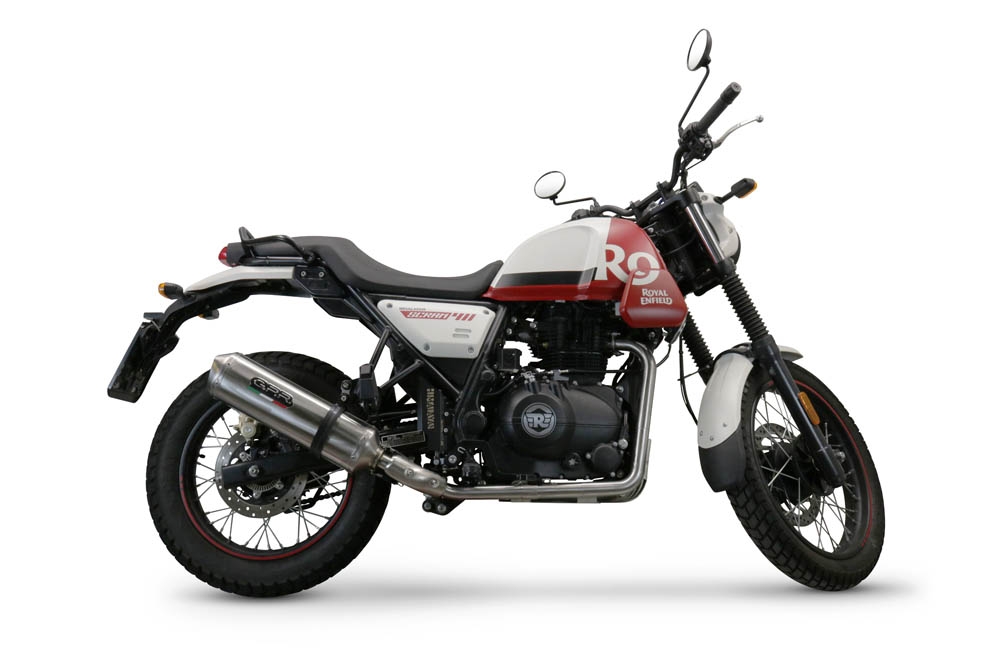 Exhaust compatible with Royal Enfield Scram 411 2022-2024, Satinox , Slip-on exhaust legal for UK and non-EU markets including link pipe and removable db killer 