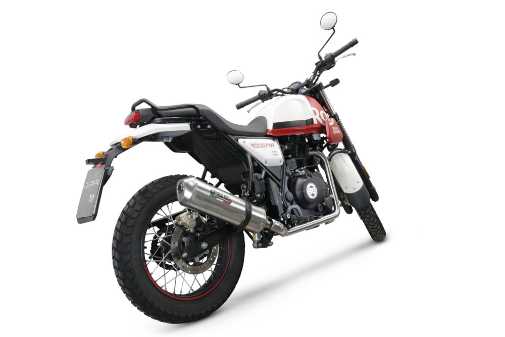 Exhaust compatible with Royal Enfield Scram 411 2022-2024, Satinox , Slip-on exhaust legal for UK and non-EU markets including link pipe and removable db killer 