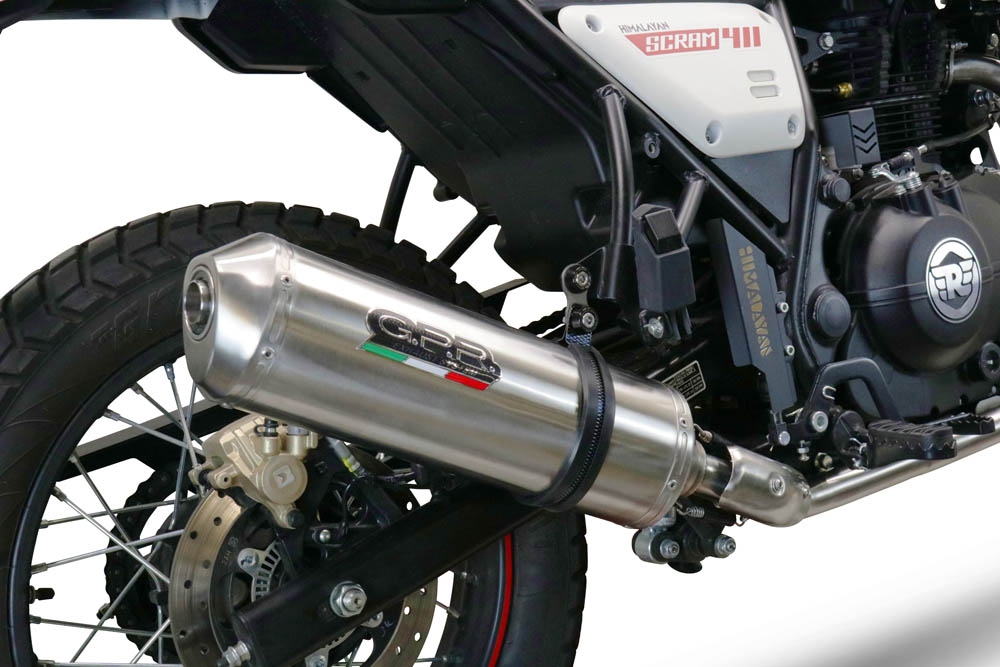 Exhaust compatible with Royal Enfield Scram 411 2022-2024, Satinox , Slip-on exhaust legal for UK and non-EU markets including link pipe and removable db killer 