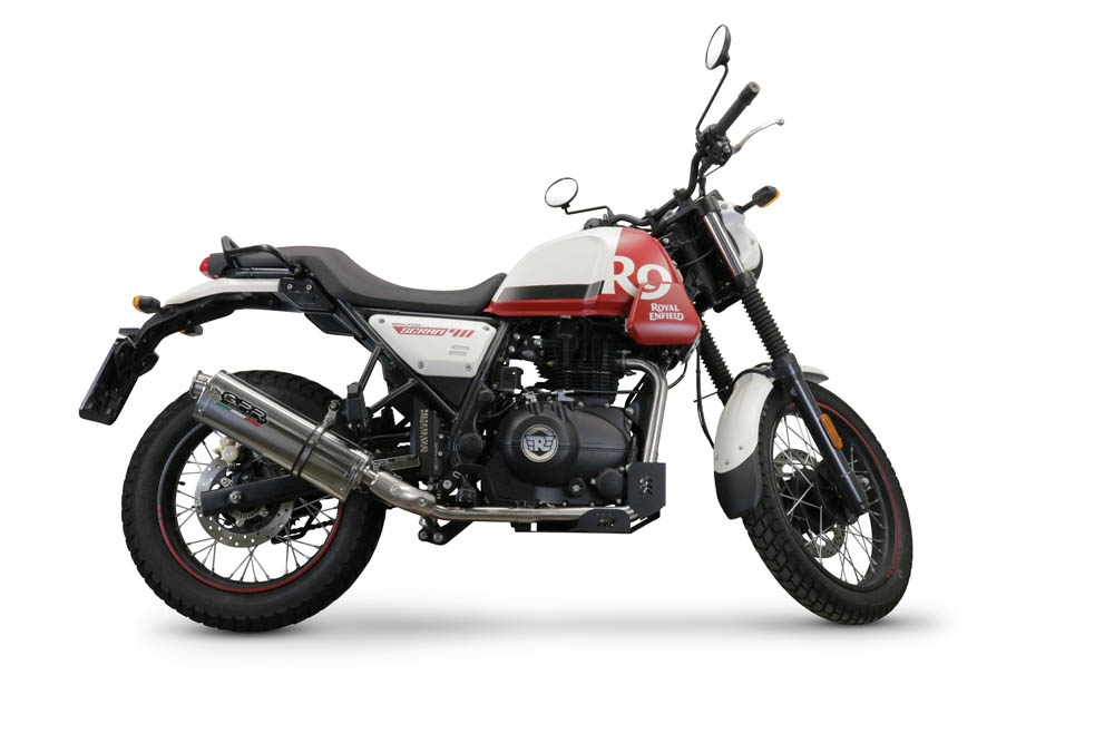 Exhaust compatible with Royal Enfield Scram 411 2022-2024, Trioval, Slip-on exhaust legal for UK and non-EU markets including link pipe and removable db killer 