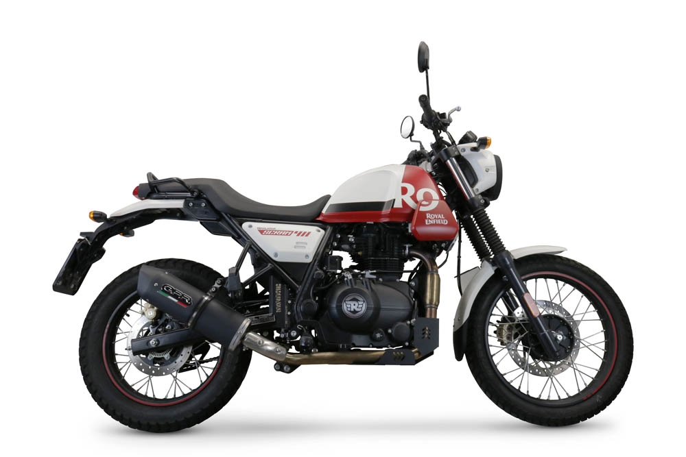 Exhaust compatible with Royal Enfield Scram 411 2022-2024, Furore Nero, Slip-on exhaust legal for UK and non-EU markets including link pipe and removable db killer 