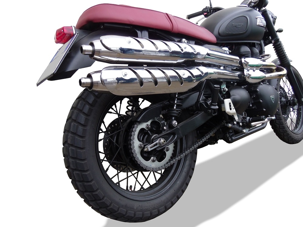 Exhaust compatible with Triumph Scrambler 900 2006-2014, Deeptone Inox, Dual Homologated legal slip-on exhaust including removable db killers and link pipes 